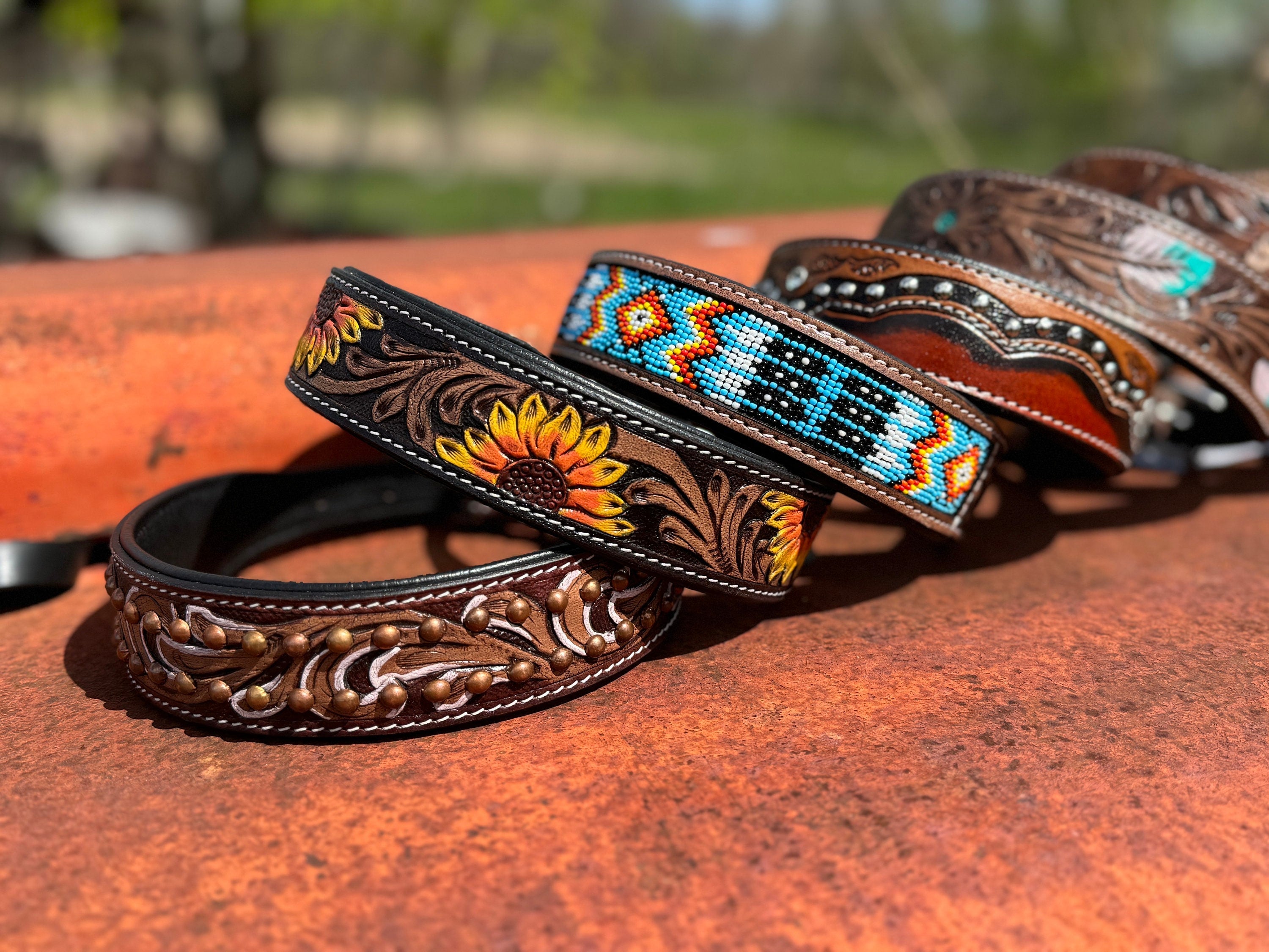 Western leather dog collar tooled or beaded details skull sunflower feather rhinestone by Double B Wild Rags