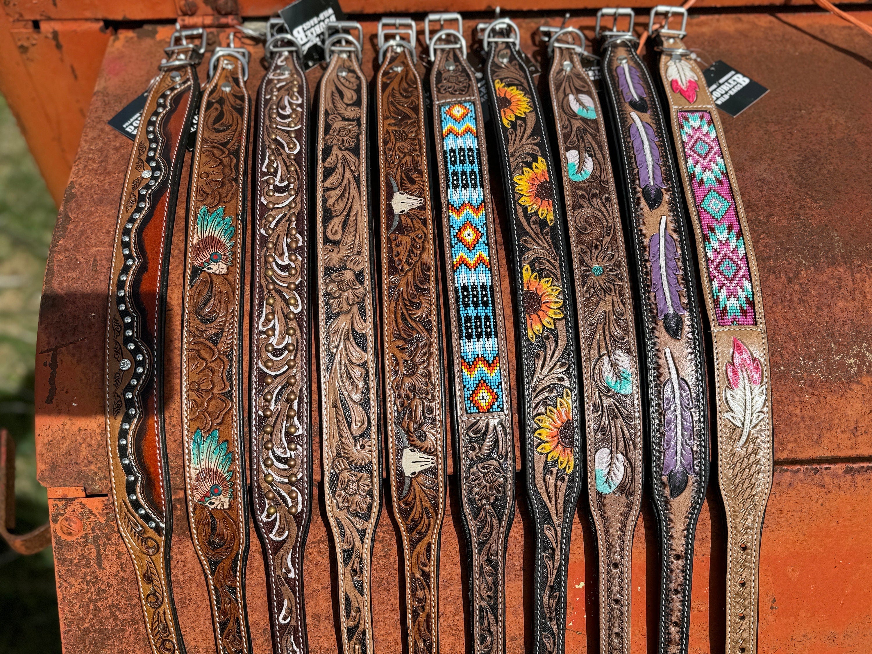 Western leather dog collar tooled or beaded details skull sunflower feather rhinestone by Double B Wild Rags