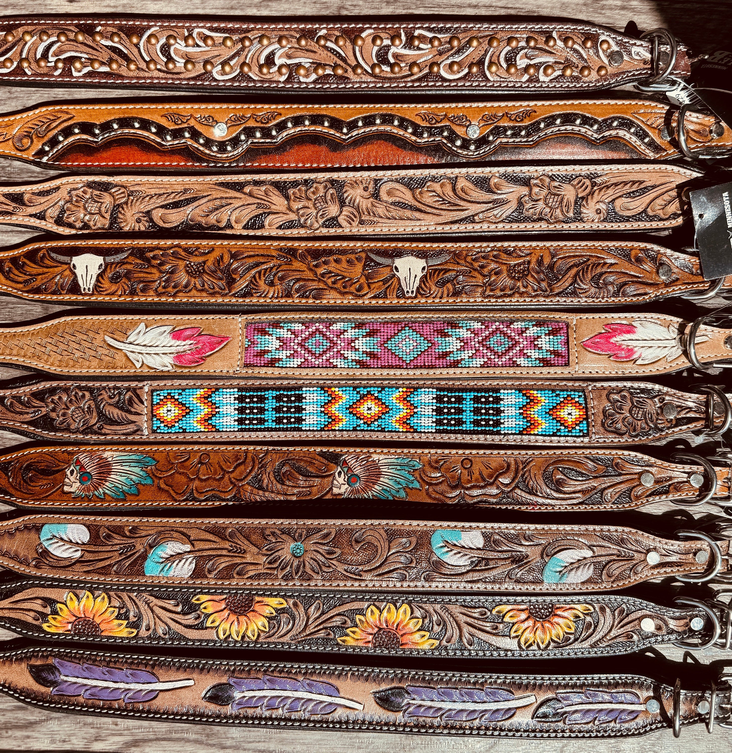 Western leather dog collar tooled or beaded details skull sunflower feather rhinestone by Double B Wild Rags