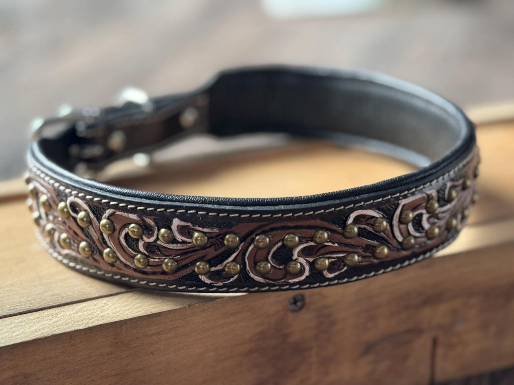 Western leather dog collar tooled or beaded details skull sunflower feather rhinestone by Double B Wild Rags